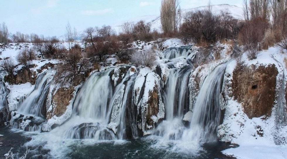 Muradiye Waterfall Takes on Winter Colour