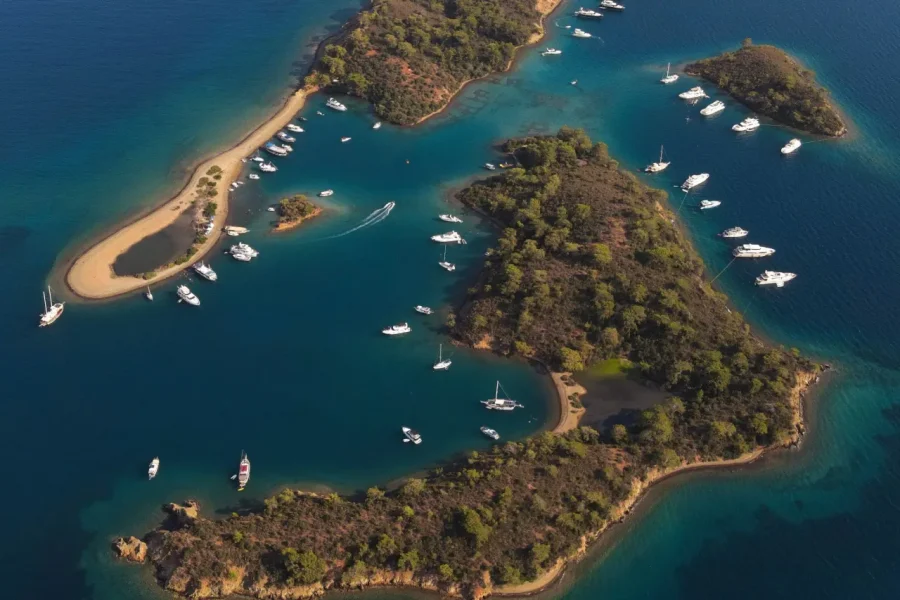 Yassıca Islands with anchored boats in the Gulf of Fethiye