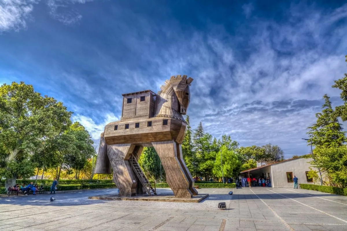 Replica of the Wooden Trojan Horse standing inside the Ancient City of Troy, symbolizing the legendary Trojan War in Turkey.