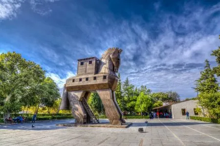 Replica of the Wooden Trojan Horse standing inside the Ancient City of Troy, symbolizing the legendary Trojan War in Turkey.
