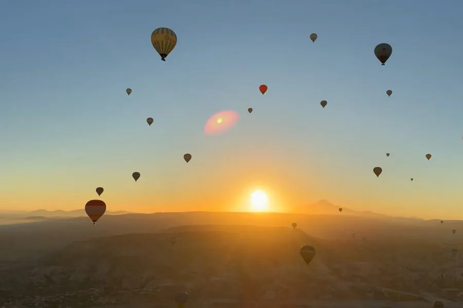 Hot air balloons over Cappadocia at sunrise, Turkey – best viewpoints to witness the region’s fairy chimneys and valleys