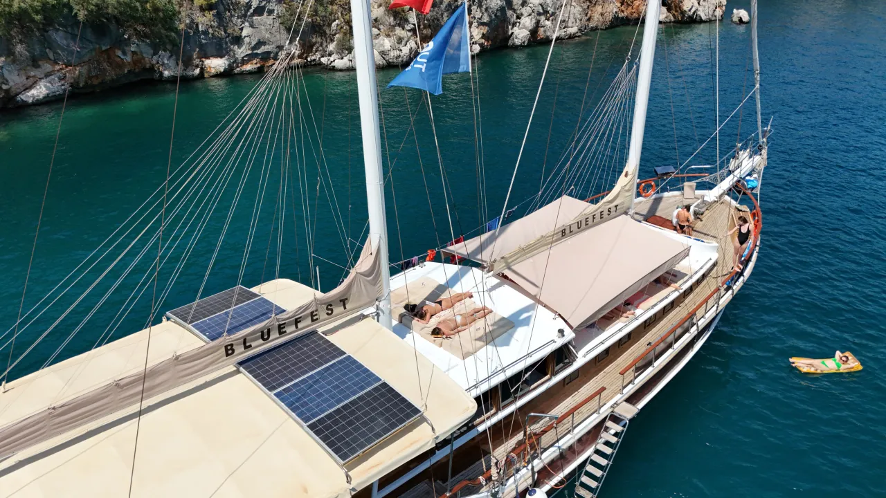 Relaxing on a gulet boat during a Blue Cruise in Turkey – turquoise waters and serene coastline