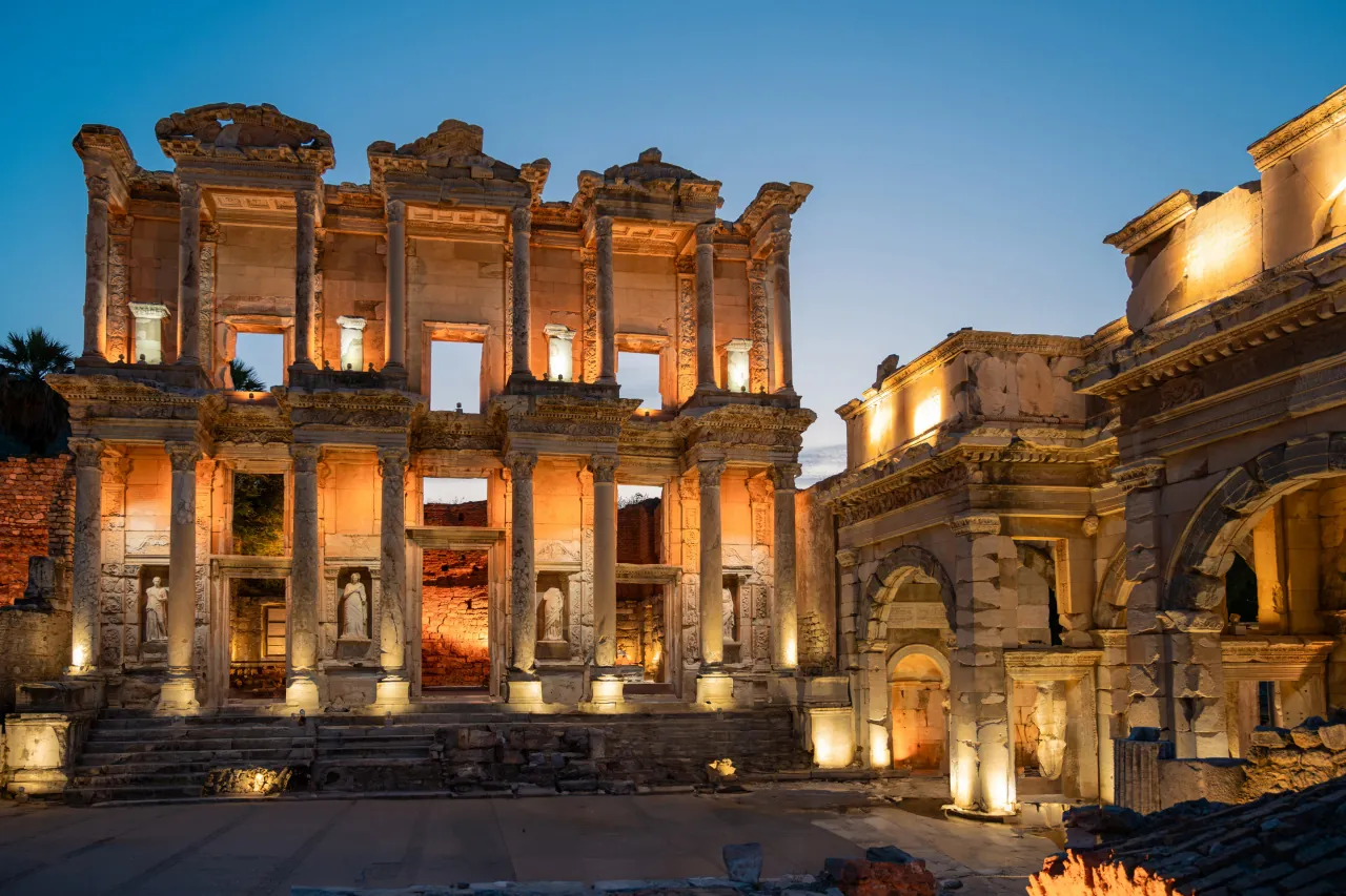 Celsius Library at night in Ephesus, Turkey – ancient Roman library illuminated
