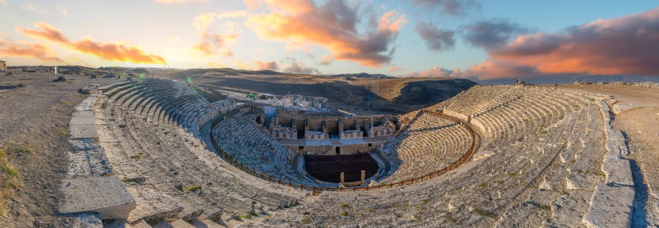 The ancient Roman theatre of Laodicea in Denizli, Turkey, with stone seating and panoramic ruins