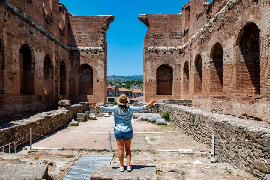 Red Hall Basilica (Kızıl Avlu) in Pergamon, Turkey – ancient Roman basilica ruins with red stone walls