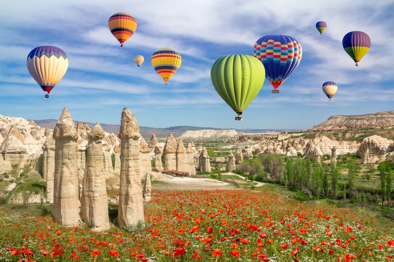 Love Valley in Cappadocia, Turkey – panoramic view with colorful flowers and unique rock formations
