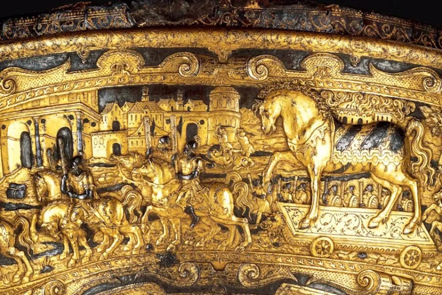 Golden artifact displayed in the Troy Museum, representing ancient craftsmanship and the legendary wealth of Troy.