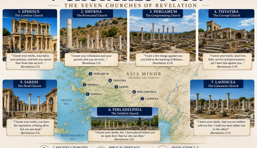 Seven Churches of Revelation Tour in Turkey featuring Ephesus, Smyrna, Pergamon, Thyatira, Sardis, Philadelphia and Laodicea
