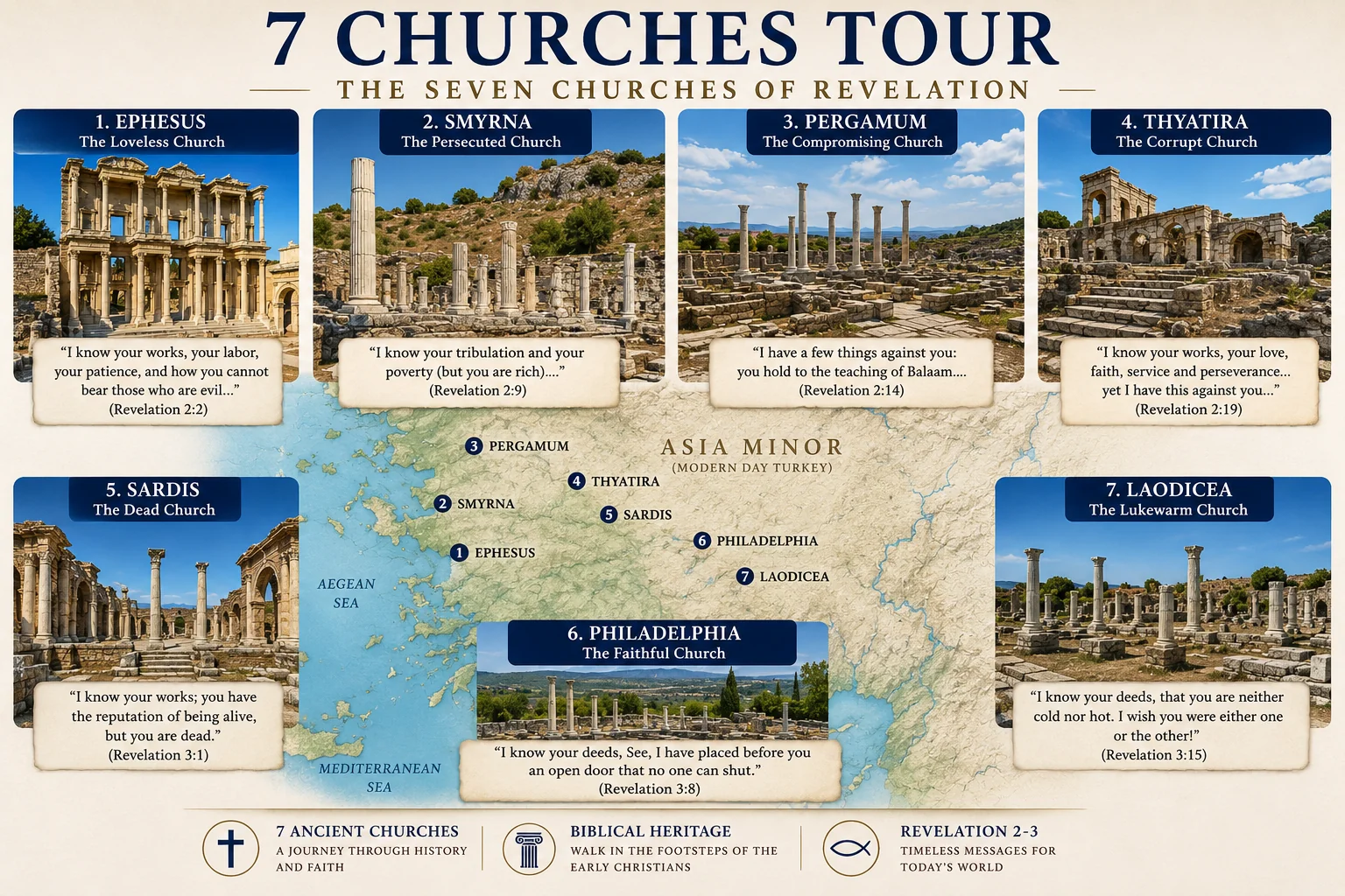 Seven Churches of Revelation Tour in Turkey featuring Ephesus, Smyrna, Pergamon, Thyatira, Sardis, Philadelphia and Laodicea